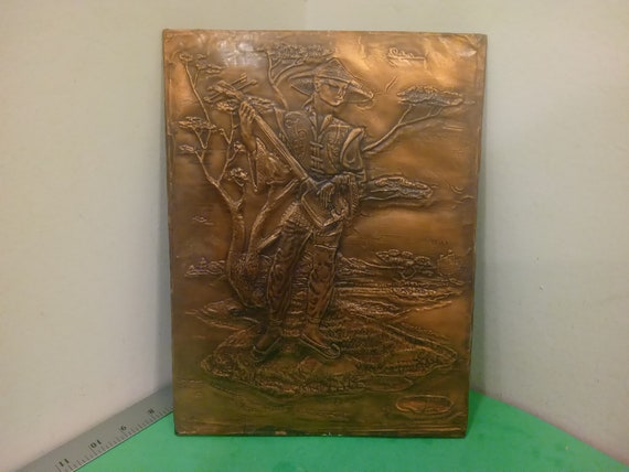 Vintage Oriental Copper Relief Wall Art Plaque Nature Scene