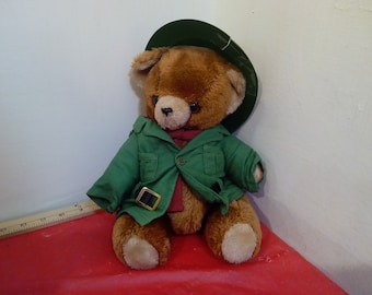 Vintage Stuffed Bear, Kerby the Stuffed Bear with Pith Helmet and Red and Green Outfit, Made in South Korea