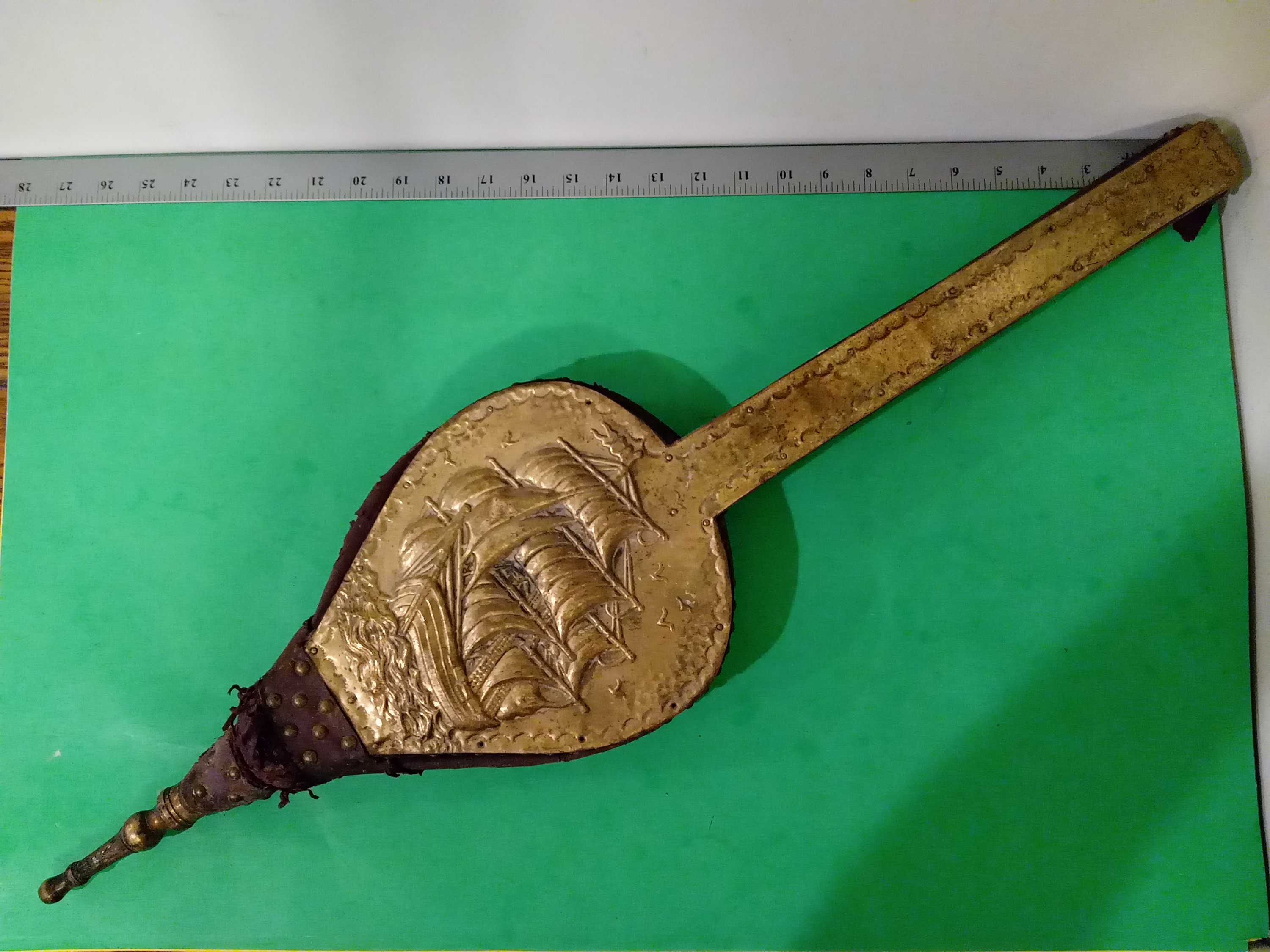 Vintage Fireplace Bellows With Ship Design Leather And Copper 1920 S
