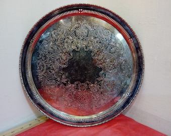 Vintage Round Silver Tray, Silver Looking Engraved Plate with Edge Designed, Military Silver Plate from Hawaii, 1935