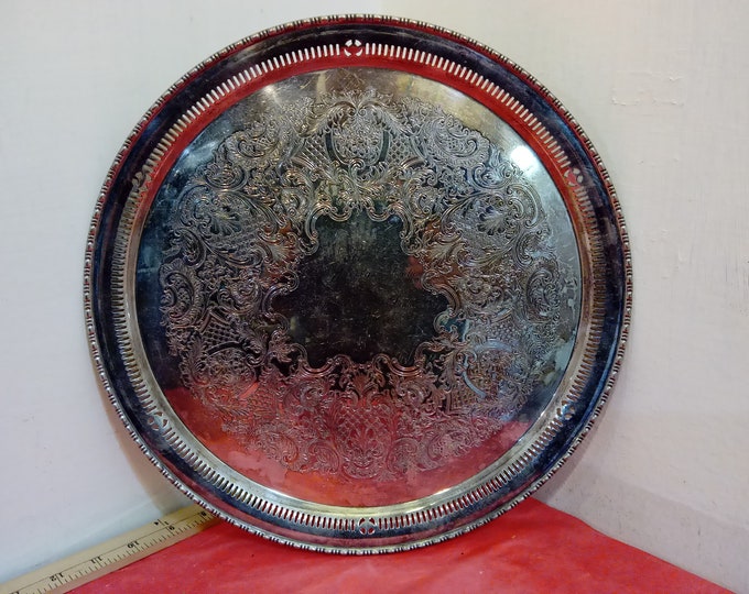 Vintage Round Silver Tray, Silver Looking Engraved Plate with Edge Designed, Military Silver Plate from Hawaii, 1935