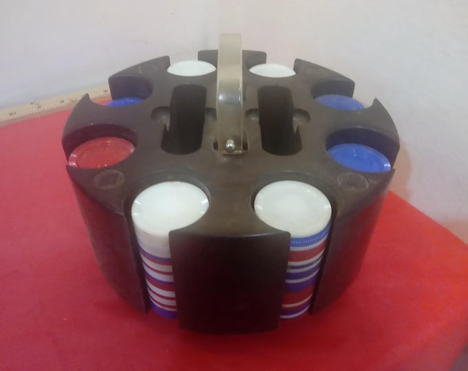 Vintage Poker Chip/Card Holder, Poker Chip Caddy, Turning Tray with Handle, No Cards, Wooden Base