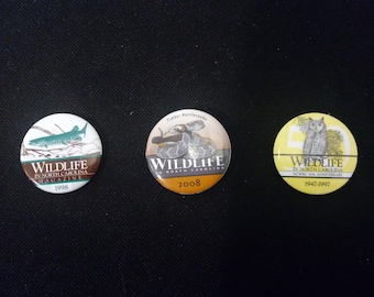 Vintage Pinback Pins, Wildlife in North Carolina, Timber Rattlesnake, Owl, and Muske, #P