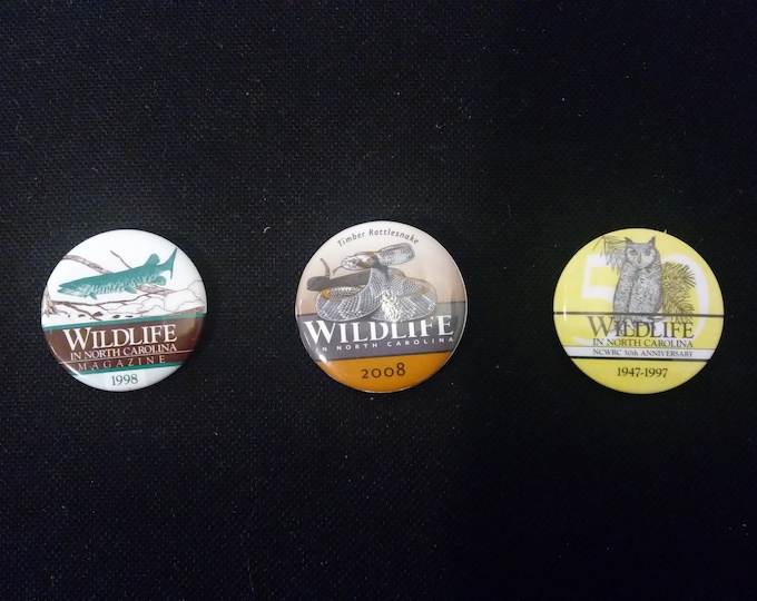 Vintage Pinback Pins, Wildlife in North Carolina, Timber Rattlesnake, Owl, and Muske, #P