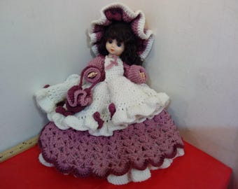 Vintage Doll, Handmade Crochet Dressed Fancy Doll with Hat and Bag