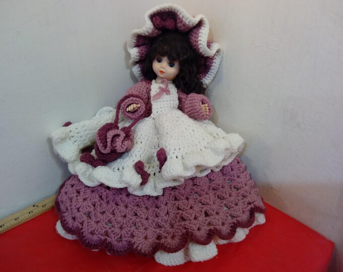 Vintage Doll, Handmade Crochet Dressed Fancy Doll with Hat and Bag
