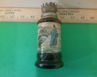 Vintage Glass Lamp, Oil Lamp with Jesus Baptisting John the Baptist Scene by Chap Stick Co., 1976