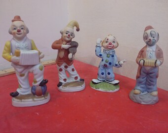 Vintage Ceramic Clowns, 4 Clowns, 2 Clowns with Accordions and 1 with Violin, 1 Generic one made in Korea and Tawain, 1970's#