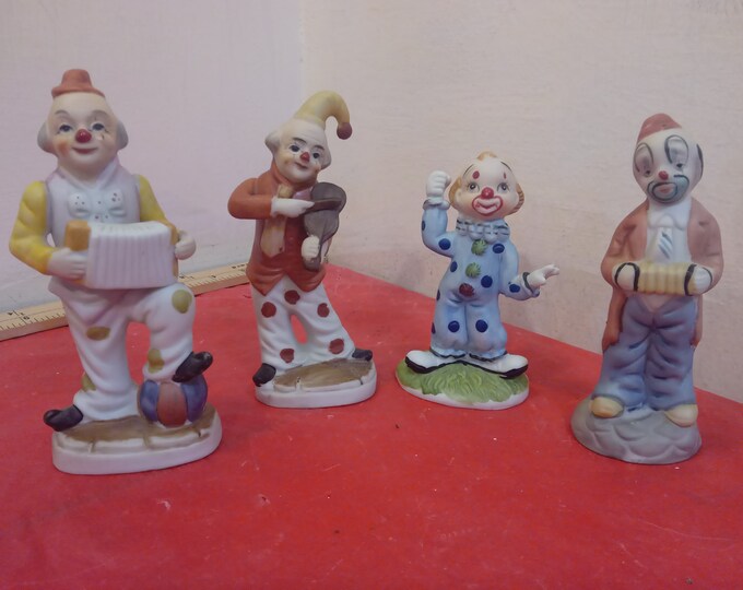 Vintage Ceramic Clowns, 4 Clowns, 2 Clowns with Accordions and 1 with Violin, 1 Generic one made in Korea and Tawain, 1970's#