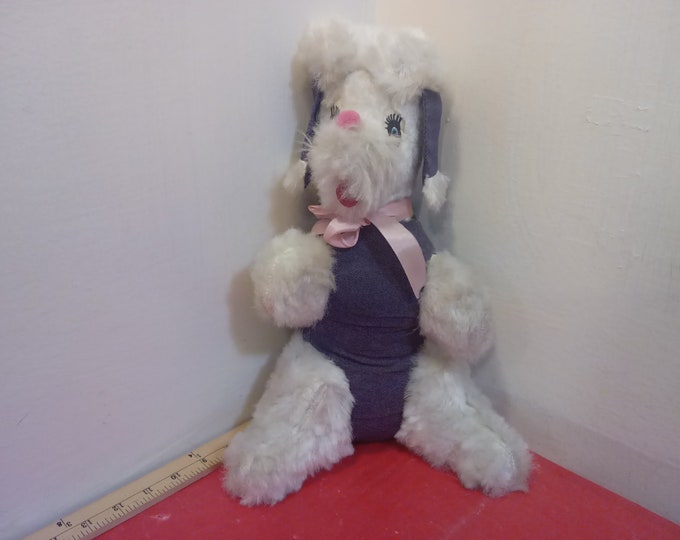 Vintage Stuffed Animal, Stuffed Poodle with Pink Bow and Blue Jean Coat and Ear Coverings, Made in Korea, 1970's