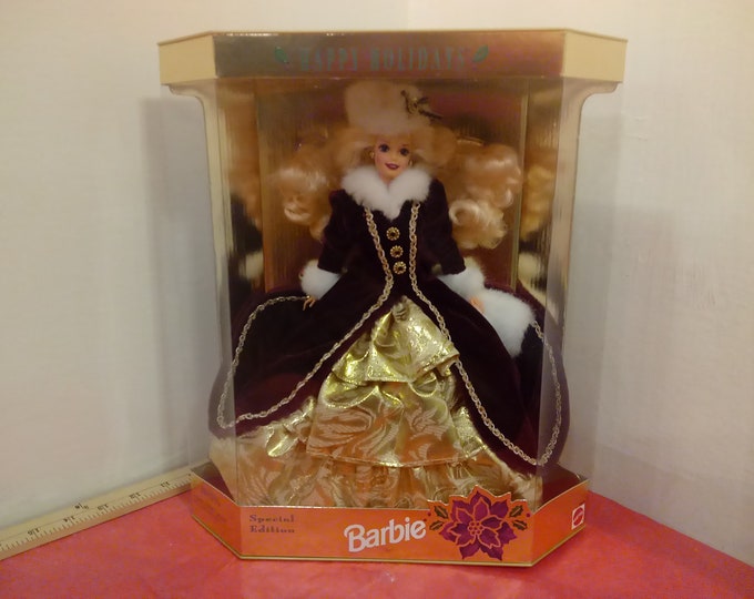 Vintage Barbie Doll, Special Edition Happy Holiday Barbie with Stand, 1996