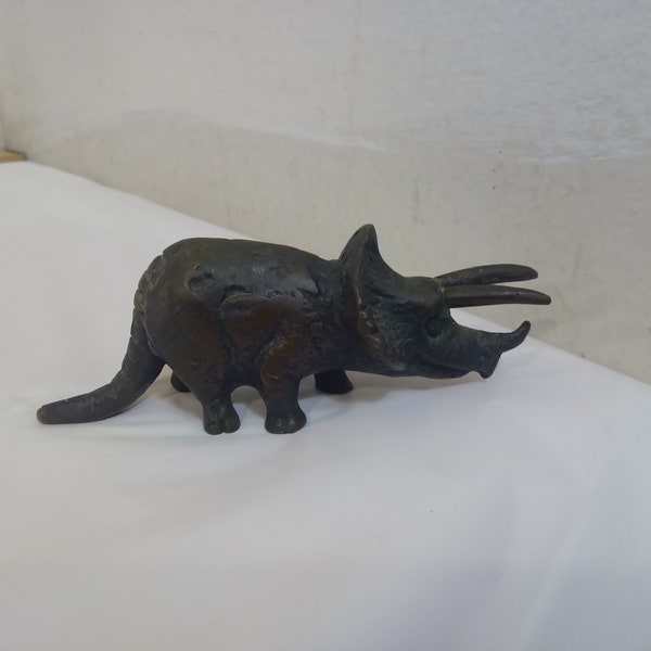 Vintage Metal Figurines, Metal Dinosaur's "Triceratops, Brontosaurus, and Pothers" and Elephant on Box, Camel, and Frog