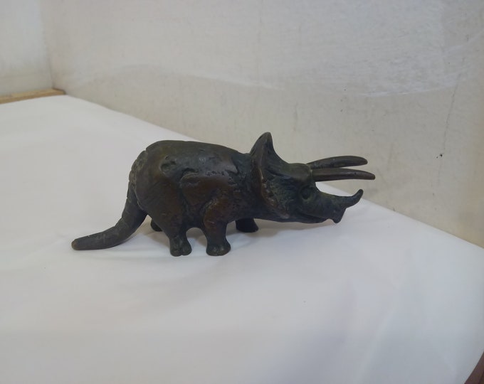 Vintage Metal Figurines, Metal Dinosaur's "Triceratops, Brontosaurus, and Pothers" and Elephant on Box, Camel, and Frog