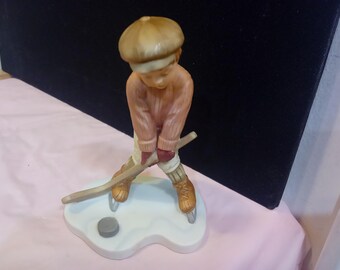 Vintage Ceramic Figurine, Treasured Memories "Practice Makes Perfect" by Enesco, Hockey Player Figurine, 1990