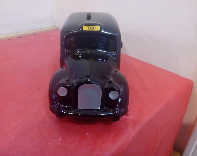 Vintage Ceramic Bank, Black London Taxi #1 Bank with Stopper on Bottom