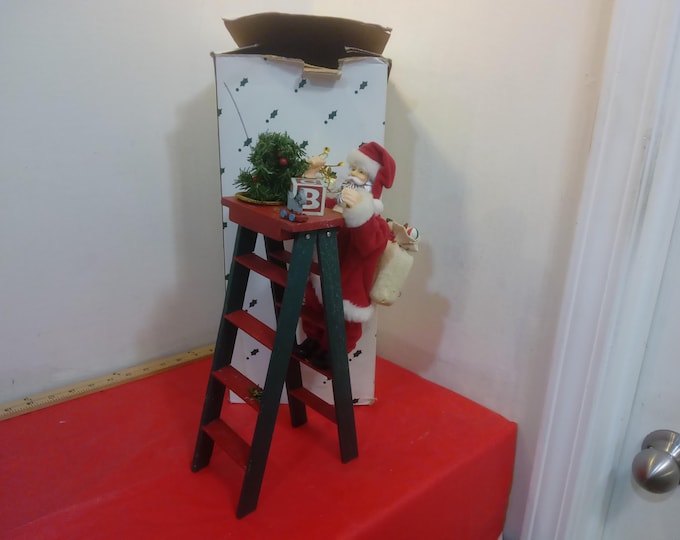 Vintage Christmas Decor, Santa Claus on Ladder with Musical Box that Works or Lighted Musical Center Piece of House and Santa on Roof