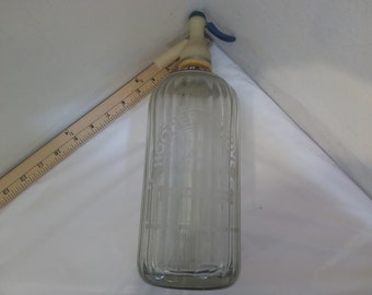 Vintage Barware Seltzer Bottle, Hooper Struve Soda Water Bottle with Nozzle, Etched Bottle