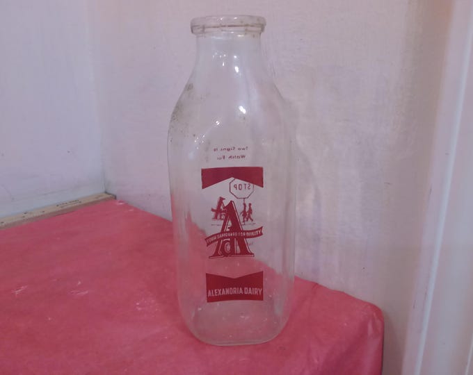 Vintage Glass Milk Bottle, Alexandria Diary One Quart Square Glass Milk Bottle with Message on Back#