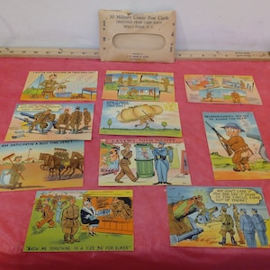 vintage cartes postales comiques militaires, 10 cartes postales comiques militaires du Camp Davis, Holly Ridge N.C., éditées par J.H. Aman & Sons, années 40