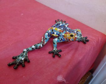 Vintage Mosiac Hand Painted Frog Figurine, Resin Hand Painted Mosiac Frog Figurine with Back Legs Out
