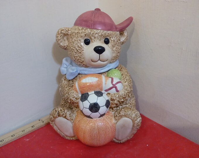 Vintage Cookie Jar, Sports Bear with Baseball Cap, Baseball, Football, and Soccer Ball by Design Design Intl/ Young's Exclusive, 1999