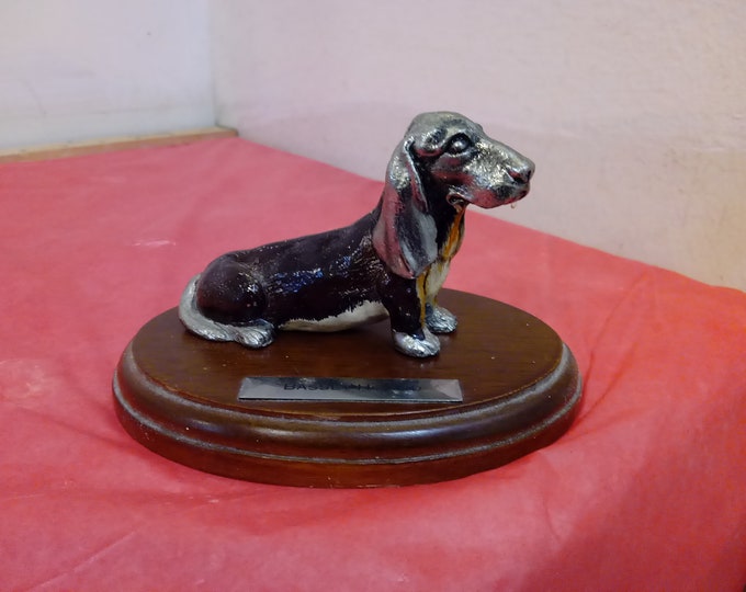 Vintage Metal Figurine on Wood Base, Metal Bassett Hound on Wooden Base