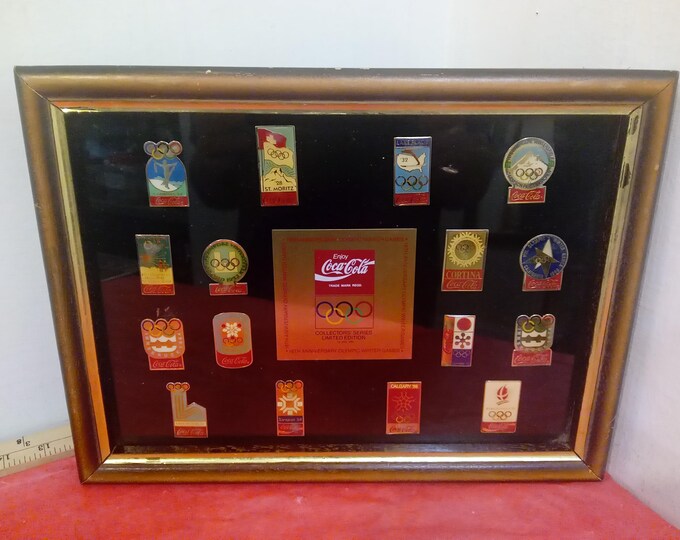 Vintage Winter Olympic Souvenir, Coca-Cola Winter Olympic Souvenir Pins from Past Olympic Games in Frame, 16th Anniversary, 1990's