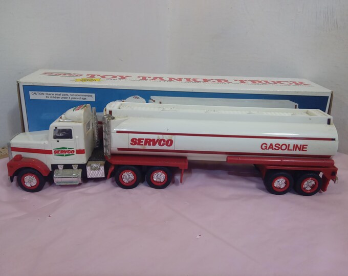 Vintage Toy Trucks, Servco Toy Trucks, Toy Tanker Truck with Lights/Horn, Toy Race Car Truck with Car, 1980's