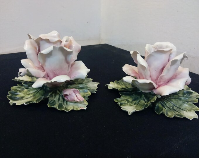 Vintage Porcelain Flowers, Capodimonte Flowers Large "Pink Roses" Candle Holders from Italy, 1960's