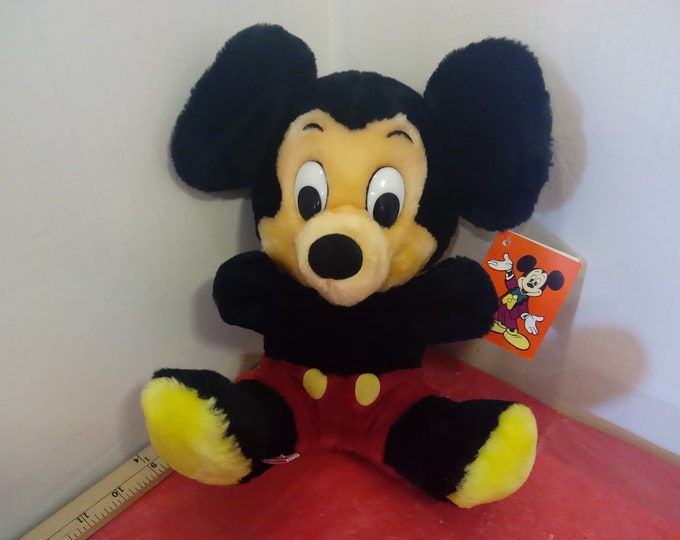 Vintage Stuffed Animal Plush, Mickey Mouse Made in Korea with Shredded Clippings, Sitting Position, 1970's