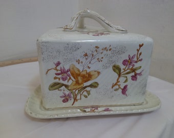 Vintage Triangle Cheese Dome Dish, Cheese Dish with Handled Cover, Floral Painted Design, Made in Germany