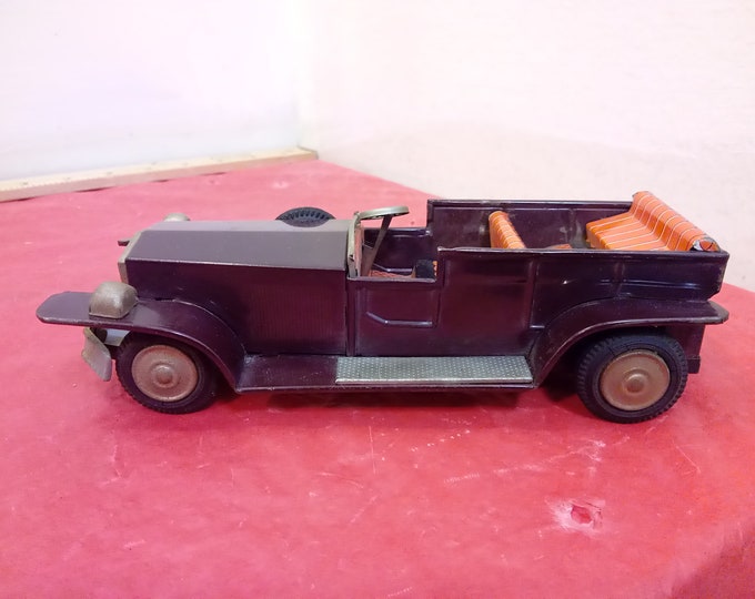 Vintage Tin Car, Brown and Orange Convertible Tin Car for a Track by S & E, Made in Japan