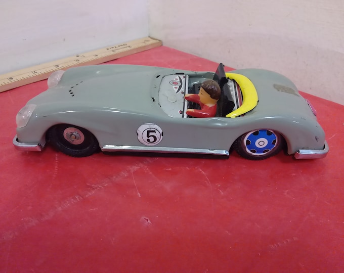 Vintage Tin Toy Car, Grey Racing Tin Car with #5 on Side, Made in China, 1980's#