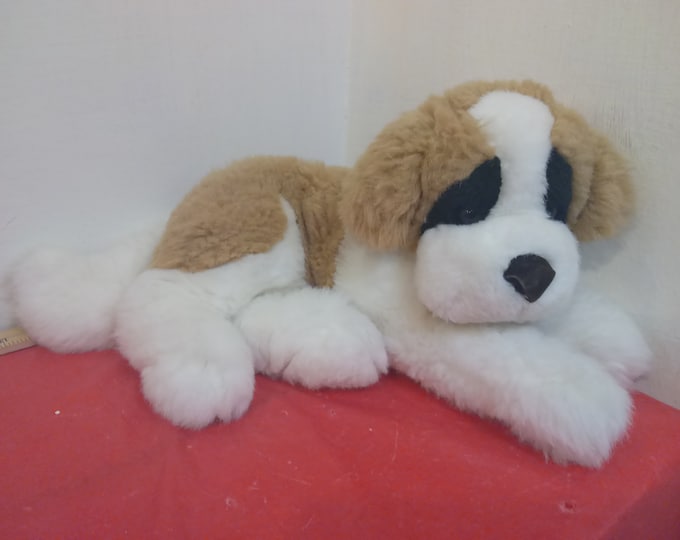 Vintage Stuffed Plush Dog, Brown and White with Black Eye Patches, Made in Sri Lanka