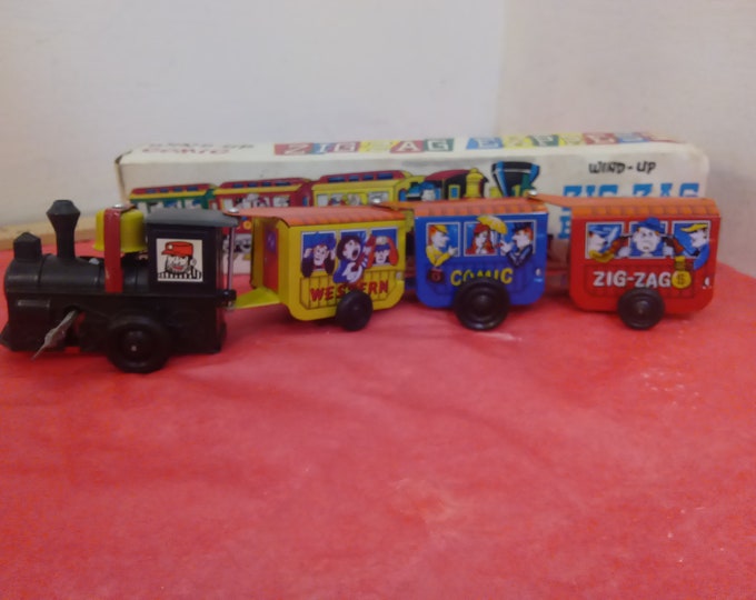 Vintage Tin Lithograph Wind-up Toy, Wind-up Comic Zig-Zag Express Tin Lithographical Toy Train, Made in Korea, 1970's