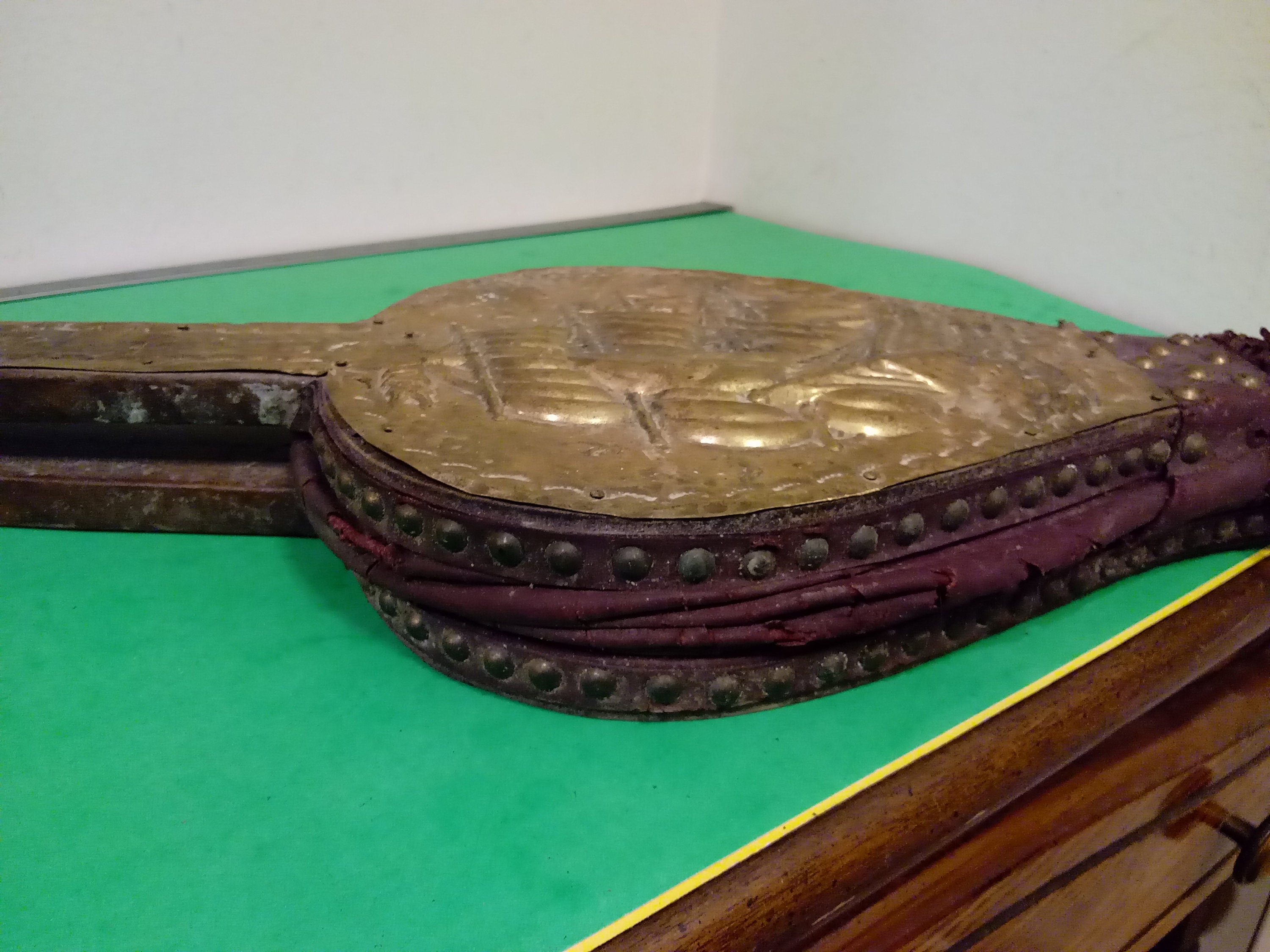 Vintage Fireplace Bellows With Ship Design Leather And Copper 1920 S