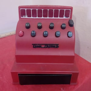 Vintage Pretend Play Toy, Cash Register, Red Plastic Top/Metal Bottom Tom Thumb Cash Register, 1970&#39;s