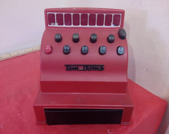 Vintage Pretend Play Toy, Cash Register, Red Plastic Top/Metal Bottom Tom Thumb Cash Register, 1970's