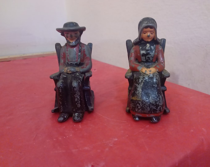 Vintage Salt & Pepper Shakers, Cast Iron Amish Man and Woman Rocking Chair Shakers, 1950's