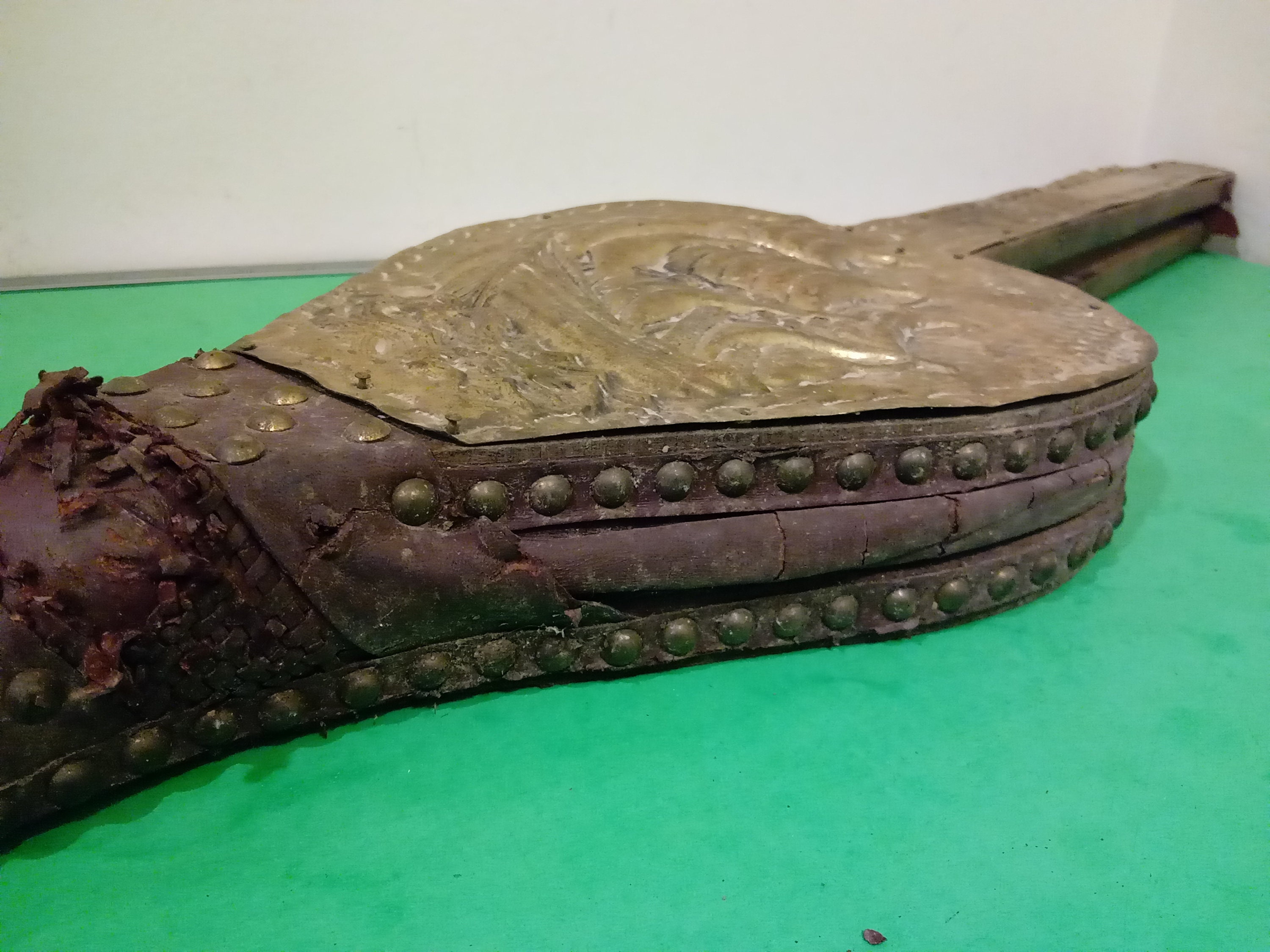 Vintage Fireplace Bellows with Ship Design, Leather and Copper, 1920's