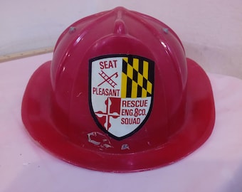 Vintage Kids Toy Helmets, Seat Pleasant Rescue Eng. & Co. Squad Fire Helmet or Army helmet with Laughing Face Sticker