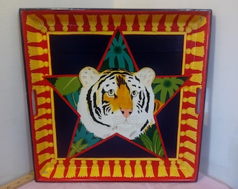 Vintage Decorative Trays, Hand Painted Wooden Decorative Trays "Jungle Spree" by the Strata Group, Zebra, Elephant, Tiger, or Lion, 1992