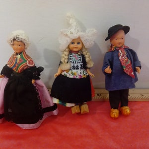 Vintage Dolls, Small Dolls with Wooden Shoes, Pink Dress, and Boy with a Hat and Tie