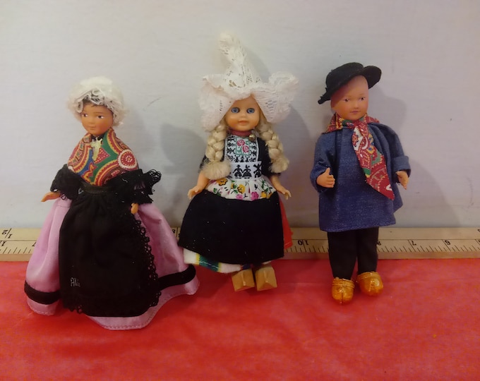 Vintage Dolls, Small Dolls with Wooden Shoes, Pink Dress, and Boy with a Hat and Tie