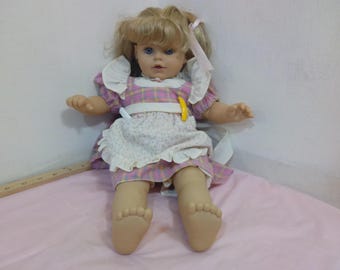 Vintage Plastic/Rubber Dolls, Berenguer Girl Doll with Purple Dress, American Girl Doll Bitty Baby, or Doll Clothes