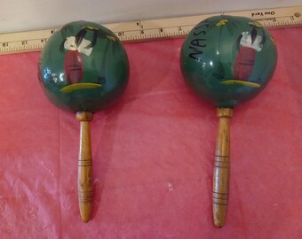 Vintage Hand Painted Maracas from The Bahamas, Ladies with Fruit Baskets on Head and Palm Trees