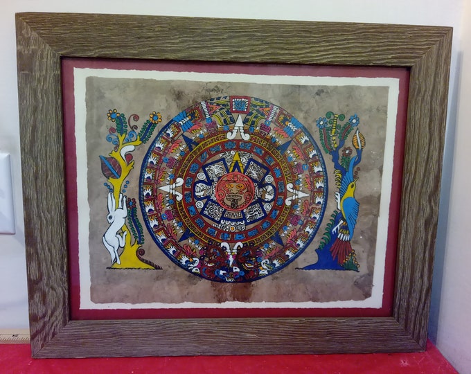 Vintage Wall Picture in Frame, Aztec Sun God Calendar with Modern Flare on Sides