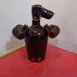 Vintage Saki and Cup Holder, Brown Daschund Headed Jug with Four Cups
