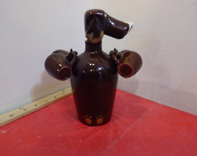 Vintage Saki and Cup Holder, Brown Daschund Headed Jug with Four Cups