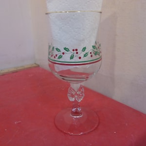 Vintage Christmas Drinking Glasses, Arby&#39;s Holly & Berry with Gold Rim, Stemmed Drinking Glass and Mug, 1984